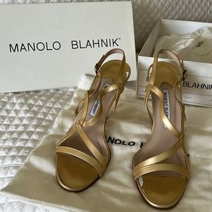 Manolo Blahnik gold strap sandals/heels with some wear